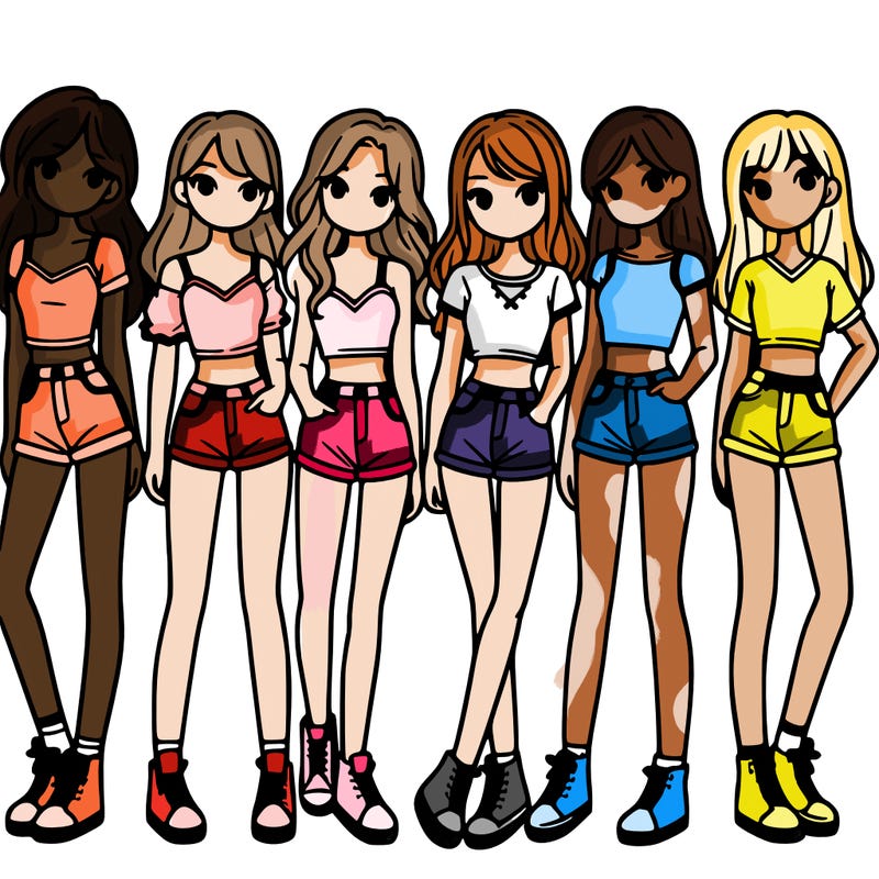a group of girls wearing crop tops and shorts
