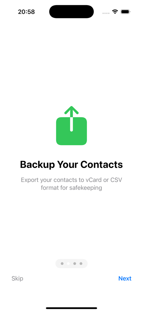 Contacts Backup- 3000 - A simple mobile app onboarding screen titled Backup Your Contacts with options to export to vCard or CSV format.