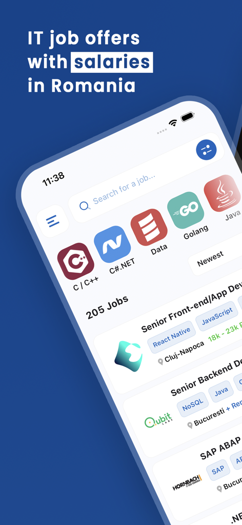 DevJob.ro - DevJob.ro app screen showing IT job offers in Romania with salary information and technology filters