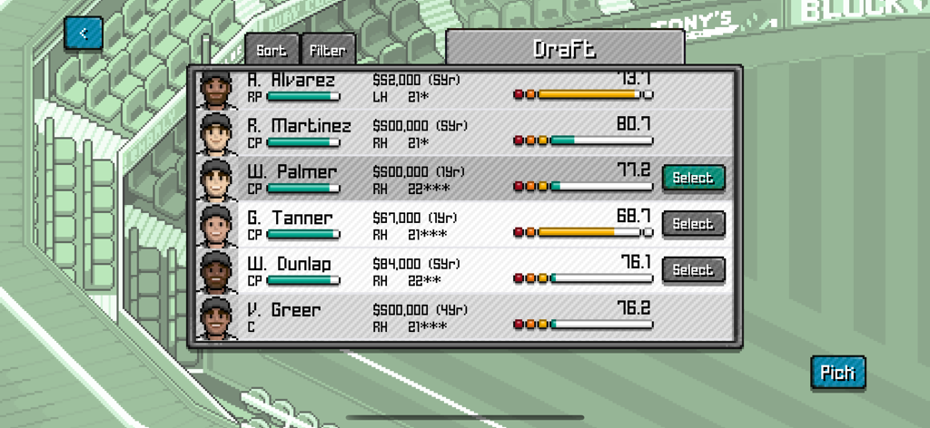 Player draft menu in Pixel Pro Baseball featuring detailed player stats and selection options in retro pixel art style