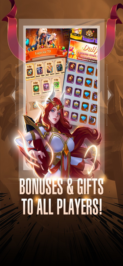 Siberium - Siberium mobile game promotional screen showing daily login rewards and a red-haired anime character.