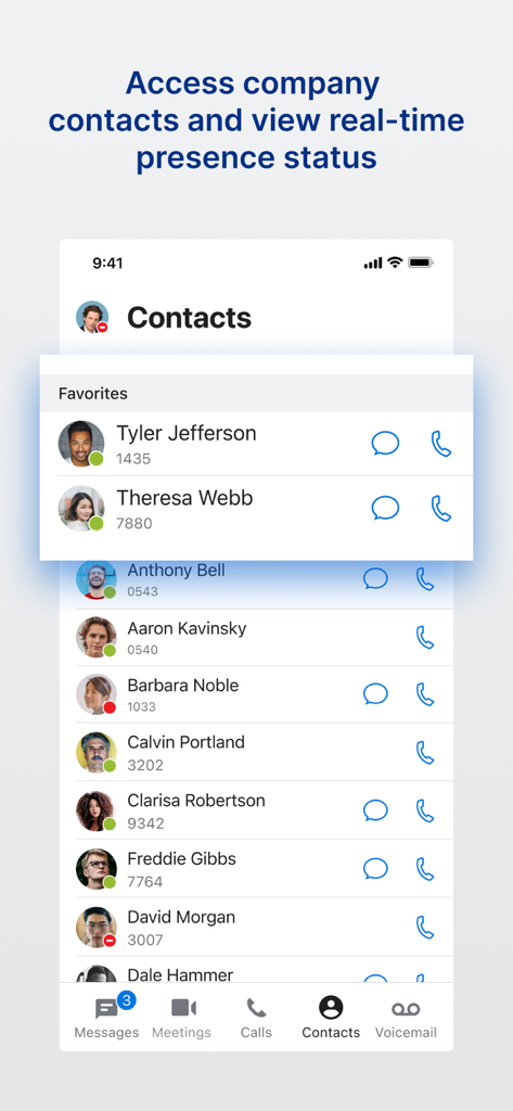 UNIVERGE BLUE™ CONNECT - UNIVERGE BLUE CONNECT app displaying company contacts with real-time presence status
