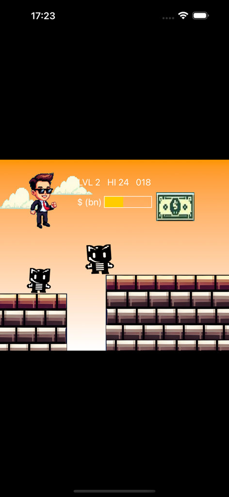 Tech Billionaire Jump - Un juego de plataformas de estilo retro con un personaje billonario tecnológico saltando sobre obstáculos