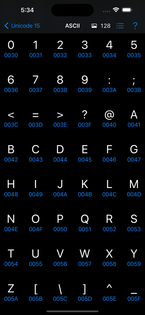 Technicode app screen displaying a grid of ASCII characters with their corresponding hexadecimal Unicode values.