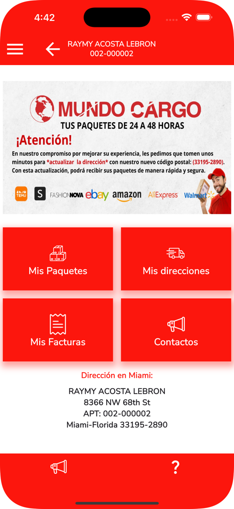 Tela inicial do aplicativo Mundo Cargo mostrando botões de painel para pacotes e faturas com um endereço de envio em Miami