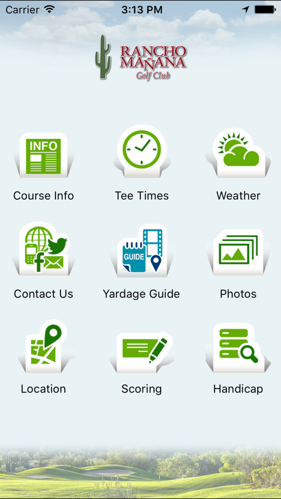 Rancho Mañana Golf Club - Rancho Manana Golf Club mobile app home screen featuring a navigation menu with options for course info, tee times, weather, and yardage guide