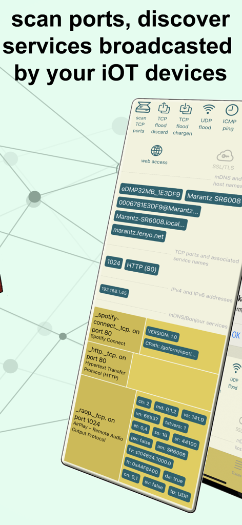 WiFi Network Tools & Maps - Interface of the WiFi Network Tools app showing discovered mDNS and Bonjour services for connected IoT devices