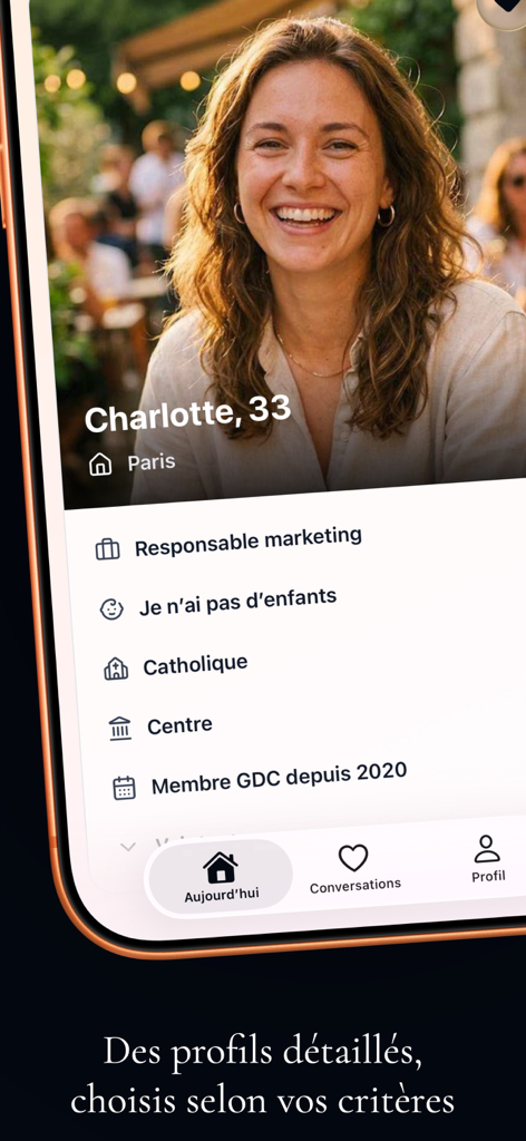Pour de Vrai - A detailed dating profile on the Pour de Vrai mobile app showing a woman named Charlotte with her professional and personal information
