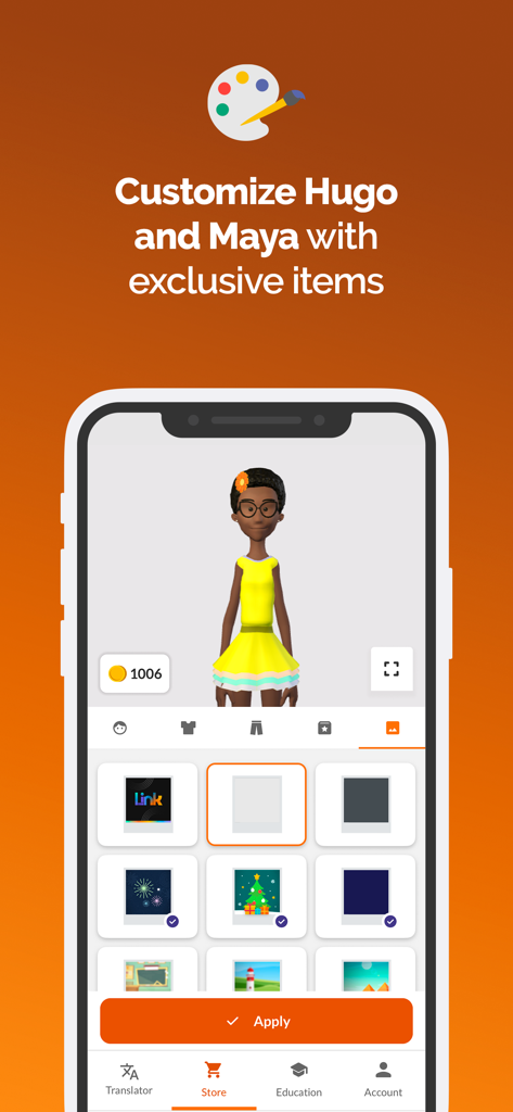 Hand Talk: ASL Sign Language - Interface of the Hand Talk app showing customization options for the Maya 3D avatar in the store