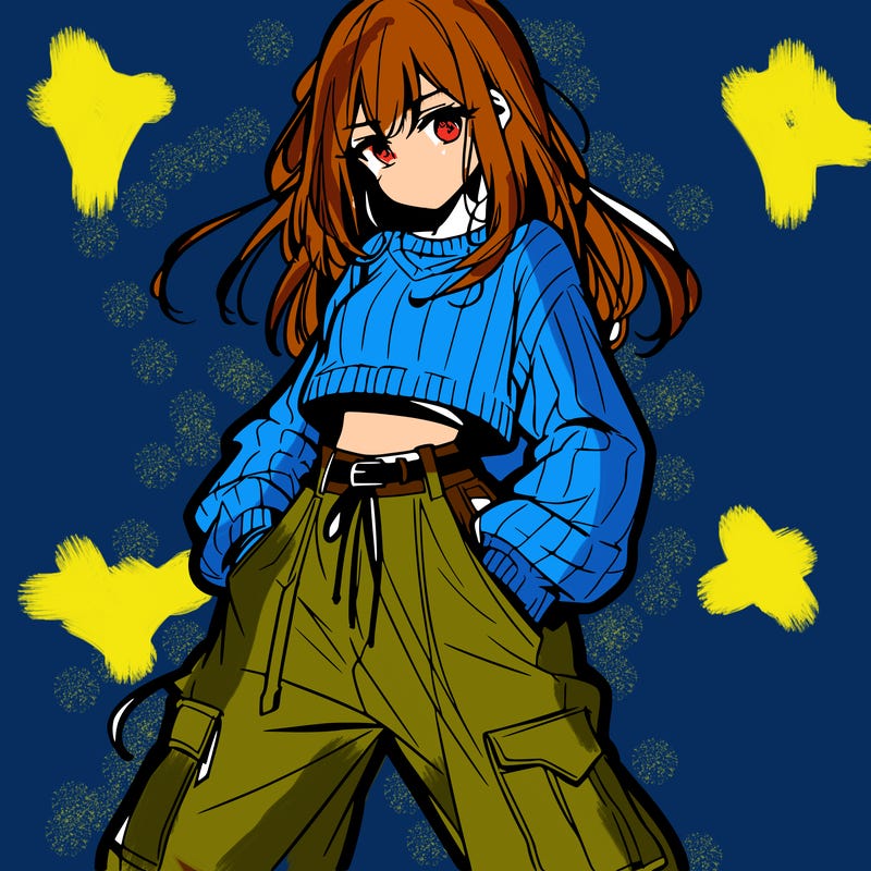 anime teen girl with baggy pants and crop top with sweater
