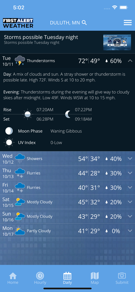 Northern News Now First Alert - Northern News Now First Alert weather app interface showing a detailed daily and weekly forecast for Duluth Minnesota