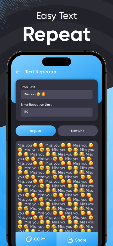 Re Message - Repeat Text 10k - The Re Message app interface displaying a repeated text message with emojis