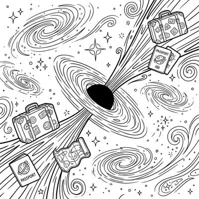 Embark on an extraordinary coloring adventure where black hole jets become your express lane to a cosmic vacation. This unique design blends the awe of space with the thrill of interstellar travel, inviting you to color a universe of possibilities.