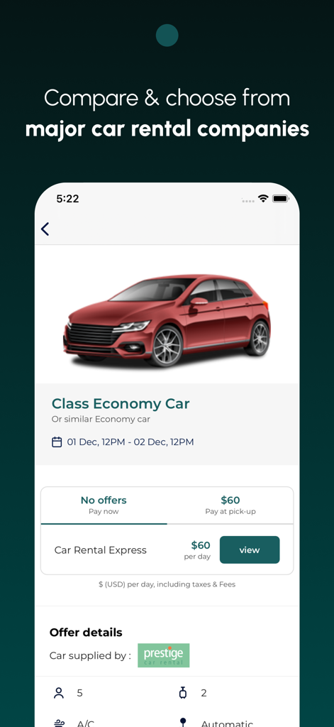 Rental cars app - Schermata di un'app mobile che mostra i dettagli del noleggio di un'auto economy e il confronto dei prezzi giornalieri