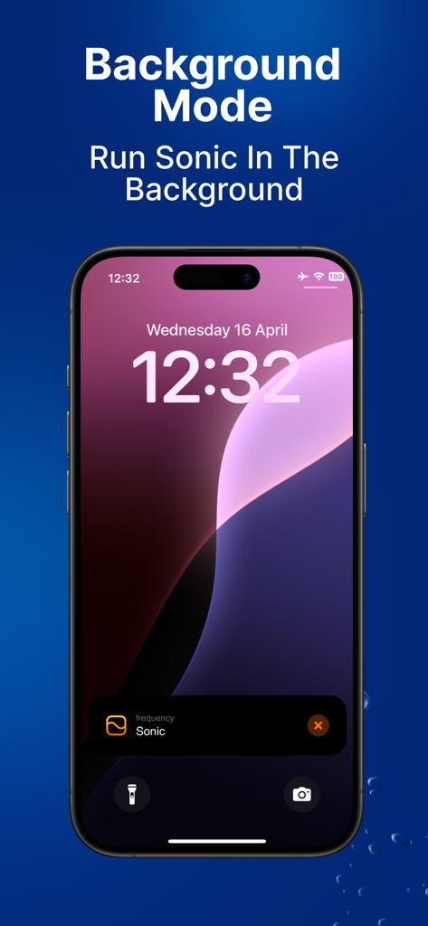 iPhone lock screen showing the Sonic tone generator app running in background mode