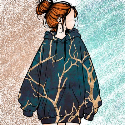 realistic girl with a oversized sweatshirt on and a bun