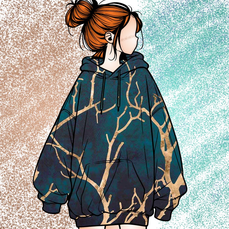 realistic girl with a oversized sweatshirt on and a bun