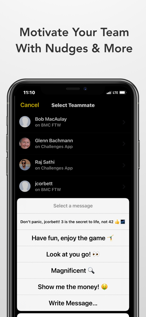 Eine Liste von Teamkollegen und motivierenden Nachrichten, die als Nudges in der Fitness-App gesendet werden können