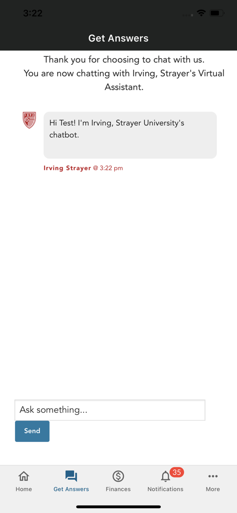 Strayer - A chat interface in the Strayer Mobile app featuring Irving the virtual assistant for student support.