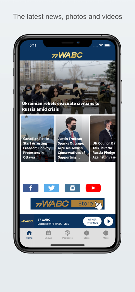 77 WABC - 77 WABC mobile app home screen showing current news headlines and navigation for shows and podcasts