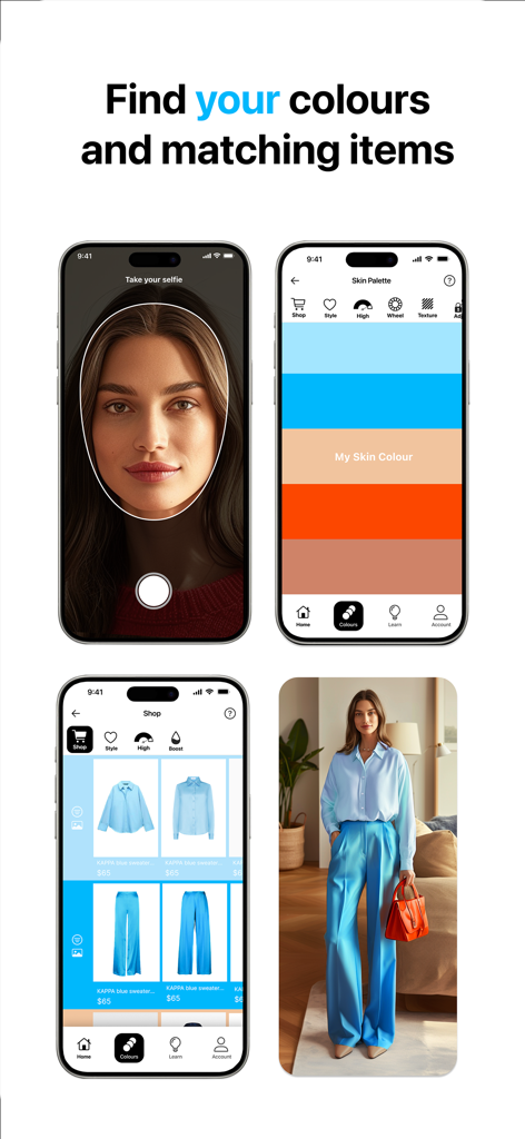 Colour Varia - Interface of Colour Varia app showing skin color analysis and matching fashion recommendations