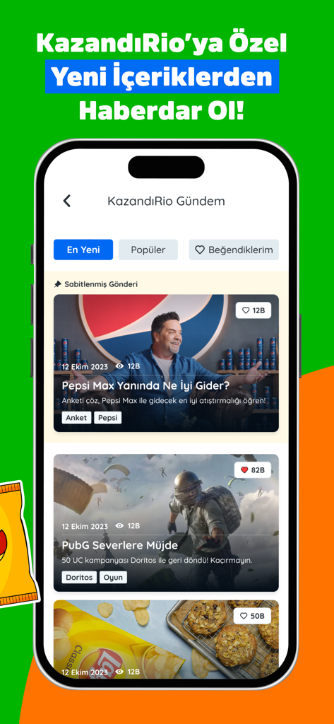 KazandıRio app interface showing exclusive content, surveys, and rewards for Pepsi and PUBG campaigns