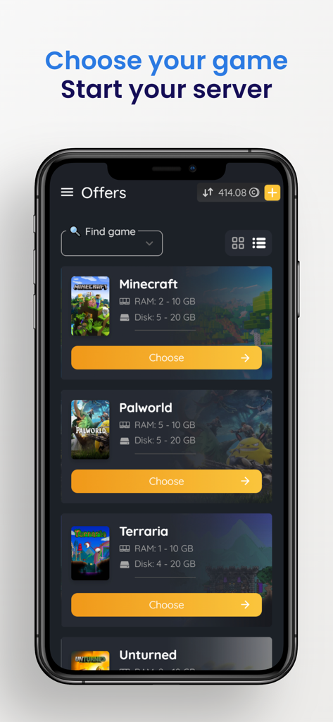 AxentHost - Interface of the AxentHost app showing a list of games like Minecraft and Palworld to start a private server
