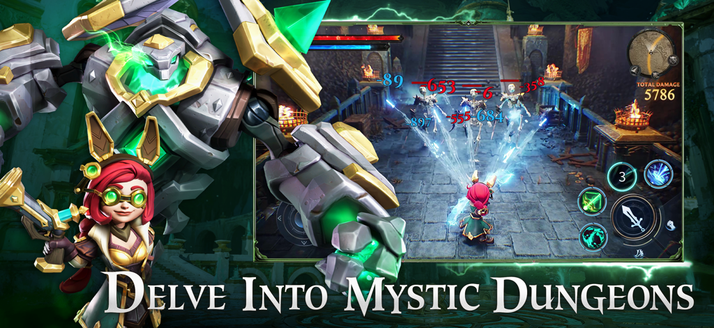 Ace Alliance: Realm of Heroes - Steampunk hero and giant stone golem featured in a mystic dungeon battle scene from Ace Alliance