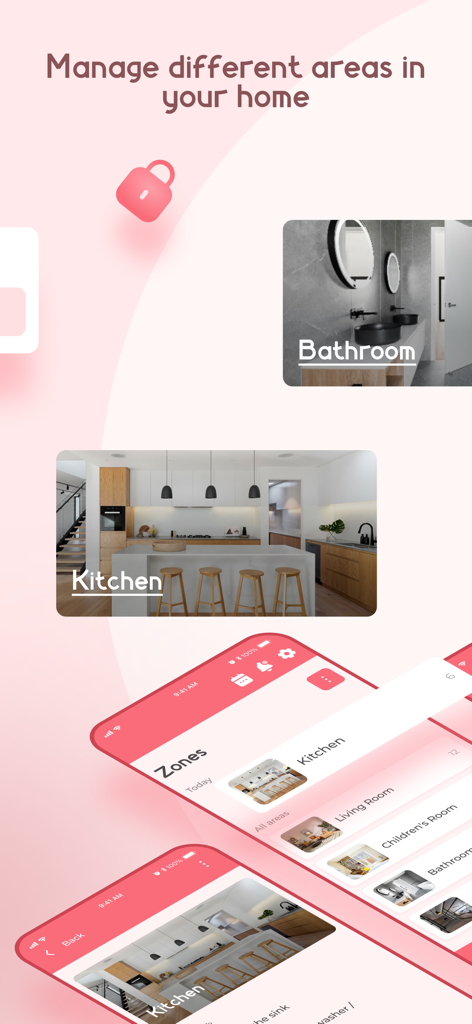 Interface do aplicativo LadyFly mostrando o gerenciamento de zonas domésticas para diferentes cômodos como cozinha e banheiro
