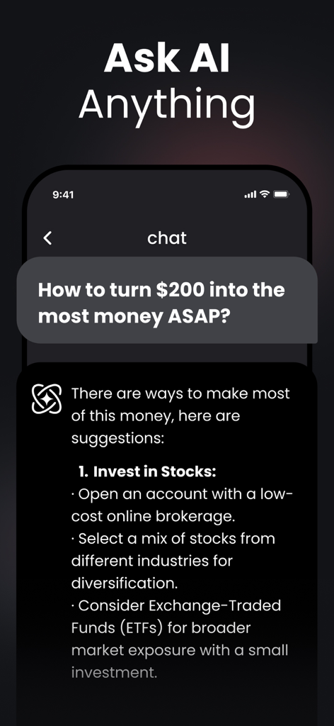 Tela do celular mostrando o aplicativo Chat and Ask AI fornecendo conselhos de investimento sobre como crescer duzentos dólares.