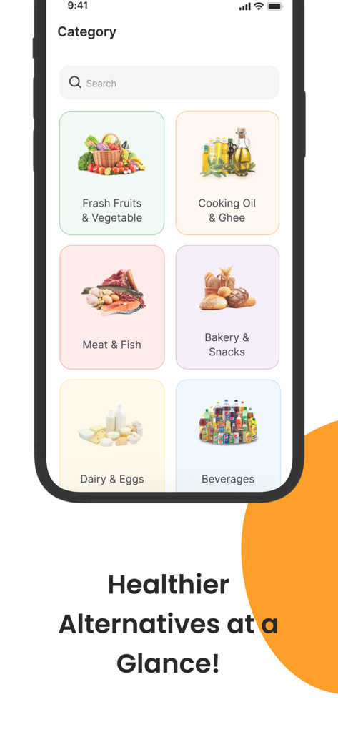 Healthy Food Scanner - 健康的な食事の選択肢のための食品カテゴリを表示するヘルシーフードスキャナ​​ーアプリのインターフェース