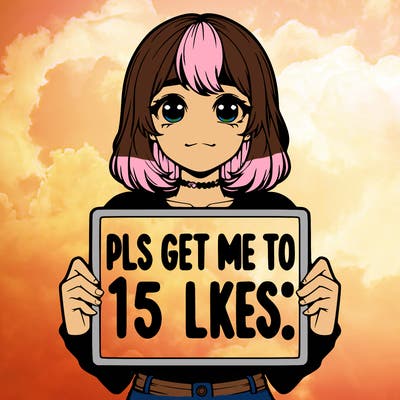 realistic girl holding up a sign that says “pls get me to 15 likes!”