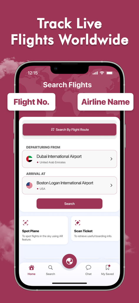 Spot Planes - Flights tracker - Interfaz de la aplicación Spot Planes que muestra opciones de búsqueda de vuelos por ruta y nombre de aerolínea.