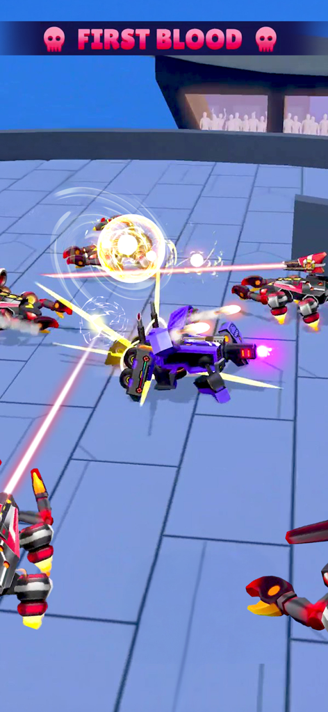 Pocket Bots: Battle Robots - 보라색 로봇이 경기장 아레나에서 레이저 빔으로 치열한 PvP 전투를 벌입니다.