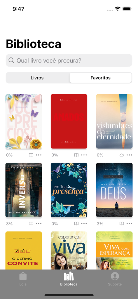 CPB Books - Interface da biblioteca digital do aplicativo CPB Livros exibindo uma coleção de capas de livros religiosos em português.