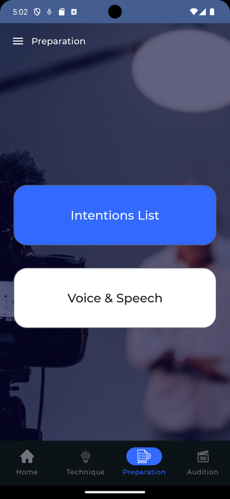 Actor Audition App - Preparation screen in the Actor Audition App showing buttons for Intentions List and Voice and Speech.