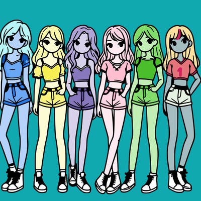 a group of girls wearing crop tops and shorts