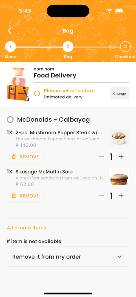 Nom Nom Delivery - Shopping bag screen in the Nom Nom Delivery app showing a McDonalds food order