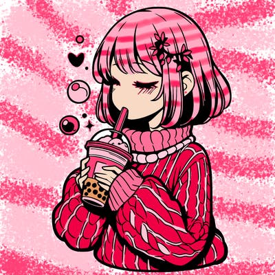 manga girl drinking boba in cozy sweater
