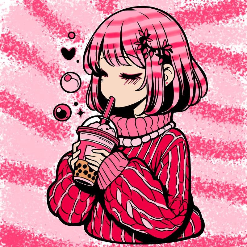 manga girl drinking boba in cozy sweater