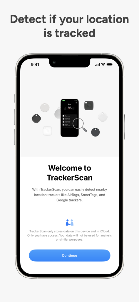 TrackerScan - Detect Trackers - Welcome screen of TrackerScan app for detecting location trackers like AirTags and SmartTags