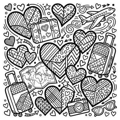 Dive into a world of adventure and affection with this lively Pop Art coloring page, where hearts and travel icons collide in a burst of bold patterns. Perfect for anyone who loves exploring new places and expressing their creativity through vibrant colors.