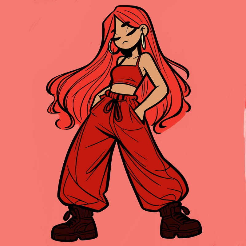 girl in baggy pants crop top and long hair