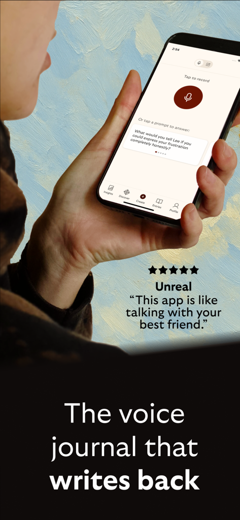 A hand holding a smartphone displaying the Untold voice journal app interface with a record button and a reflective AI prompt.