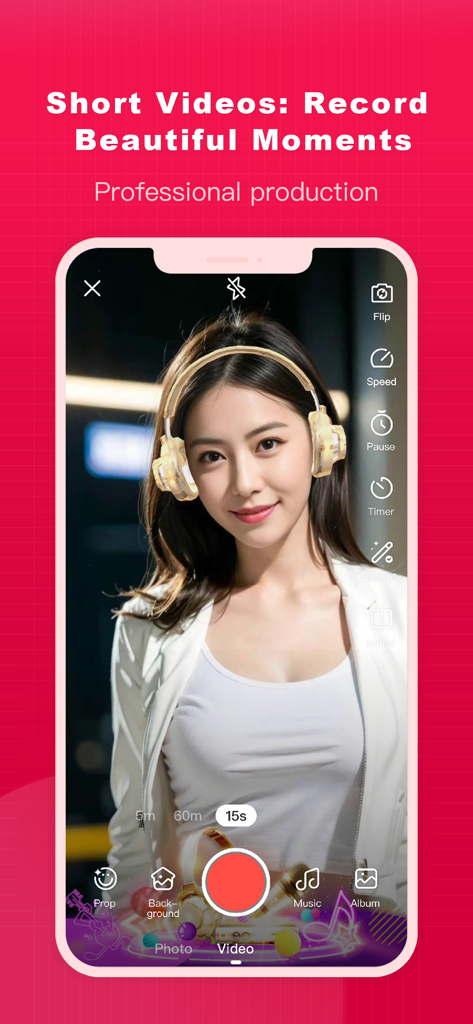 HappyVV mobile app interface for recording short videos with professional effects and digital headphone props