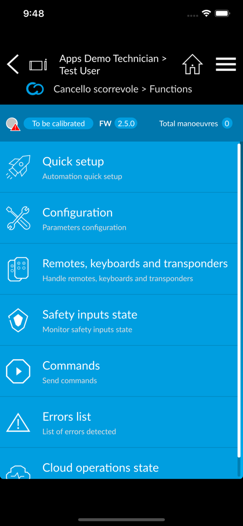 CONNECT SetUp - La pantalla principal de funciones de la aplicación CONNECT SetUp para instaladores de puertas de CAME, que muestra una lista de opciones que incluyen configuración rápida, configuración, mandos a distancia y lista de errores.