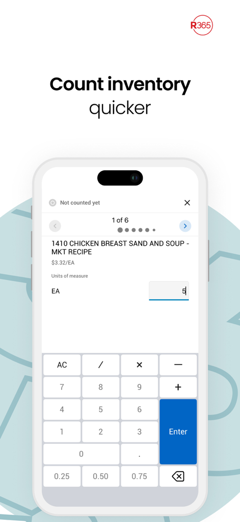Restaurant365 - A mobile screen showing the Restaurant365 inventory counting feature with a digital keypad for easy data entry