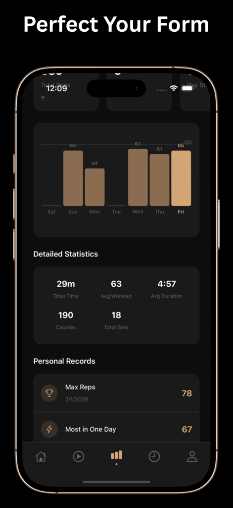 Push Up Counter: PushPro - Un écran mobile montrant des statistiques d'entraînement détaillées et des records personnels dans l'application Push Up Counter PushPro.
