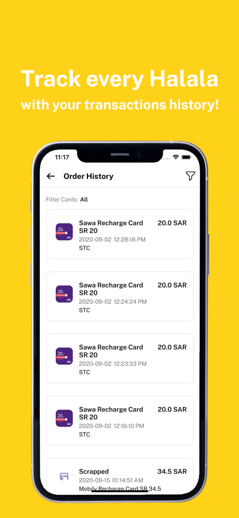 Smartphone-Bildschirm zeigt die Rasseed App-Bestellhistorie mit mehreren Sawa Aufladekarten-Transaktionen