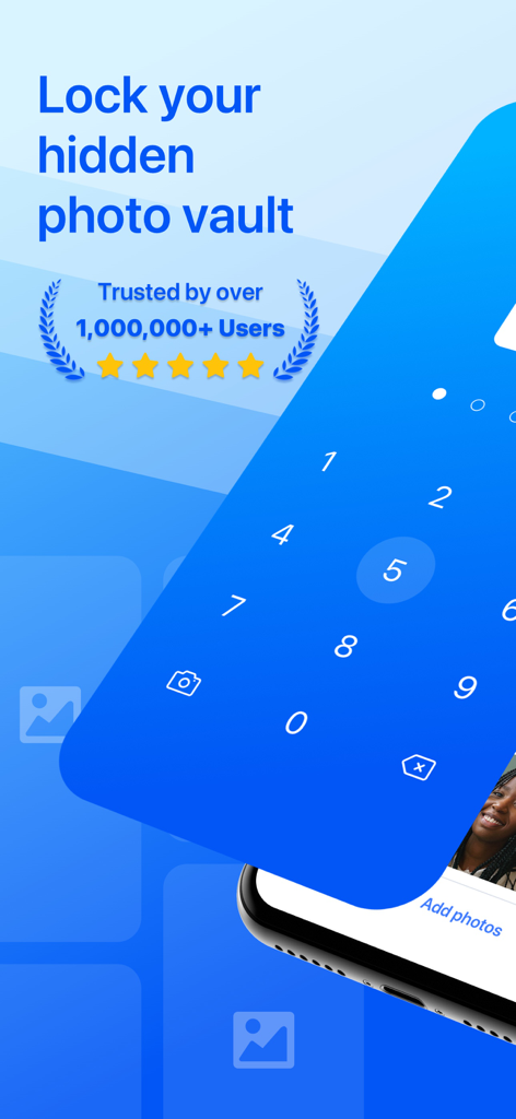 Photo Vault-Secret Calculator - Lock screen interface of the Photo Vault app showing a numeric keypad for privacy and a trusted user badge.